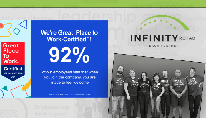 Infinity Rehab Honored with Third Great Place to Work Certification