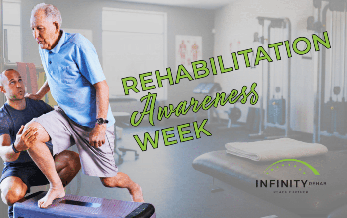 A physical therapist and patient perform physical therapy for rehabilitation awareness week.